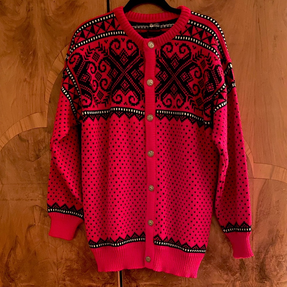 Dale of Norway red & blue cardigan sweater sz 52 L